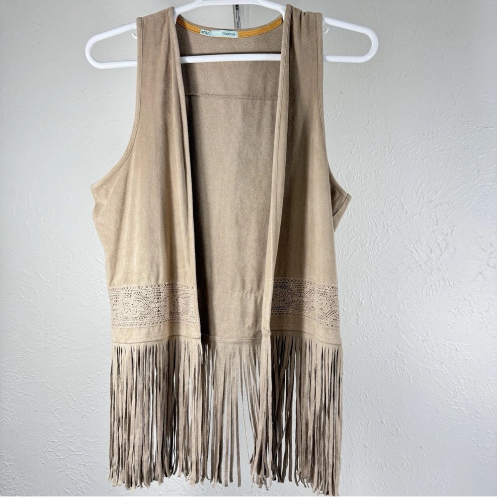 Maurices Fringe Beige Vest Boho Biker Faux Suede